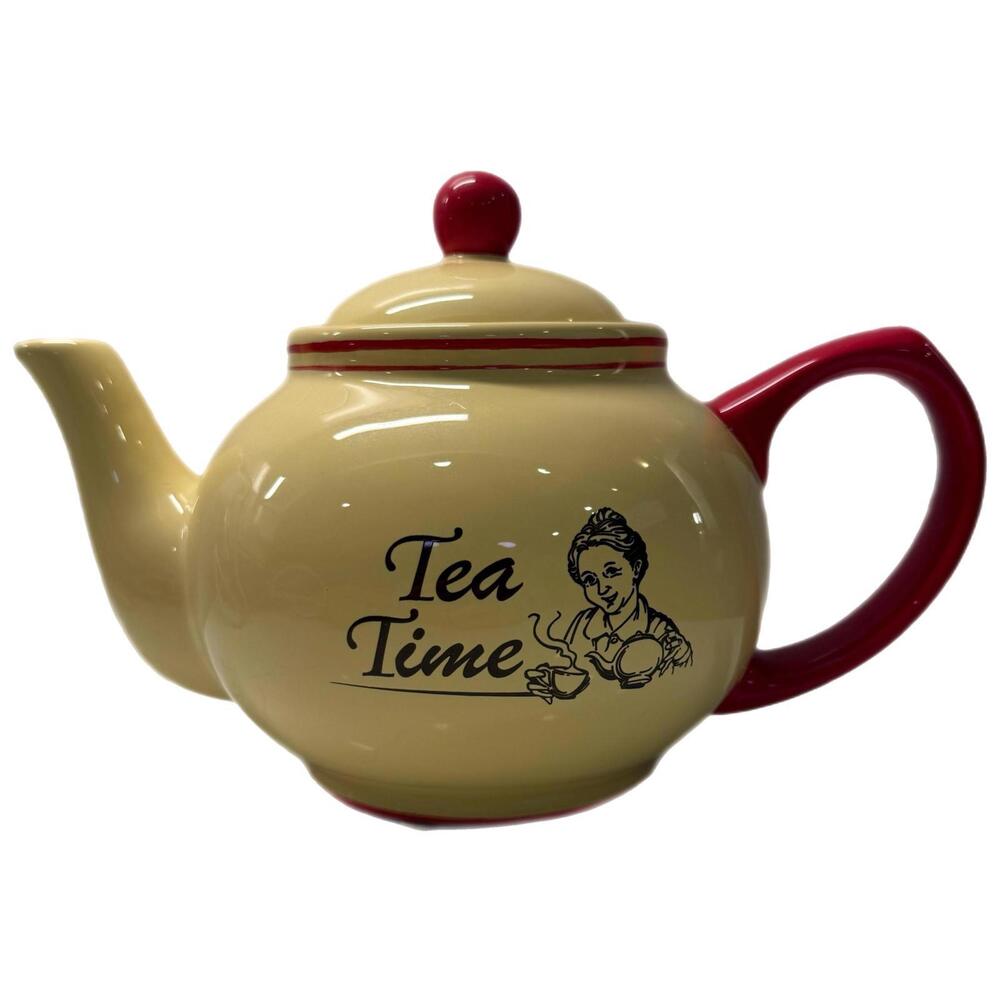 Vintage Tea Time Yellow Red Ceramic Teapot & Lid